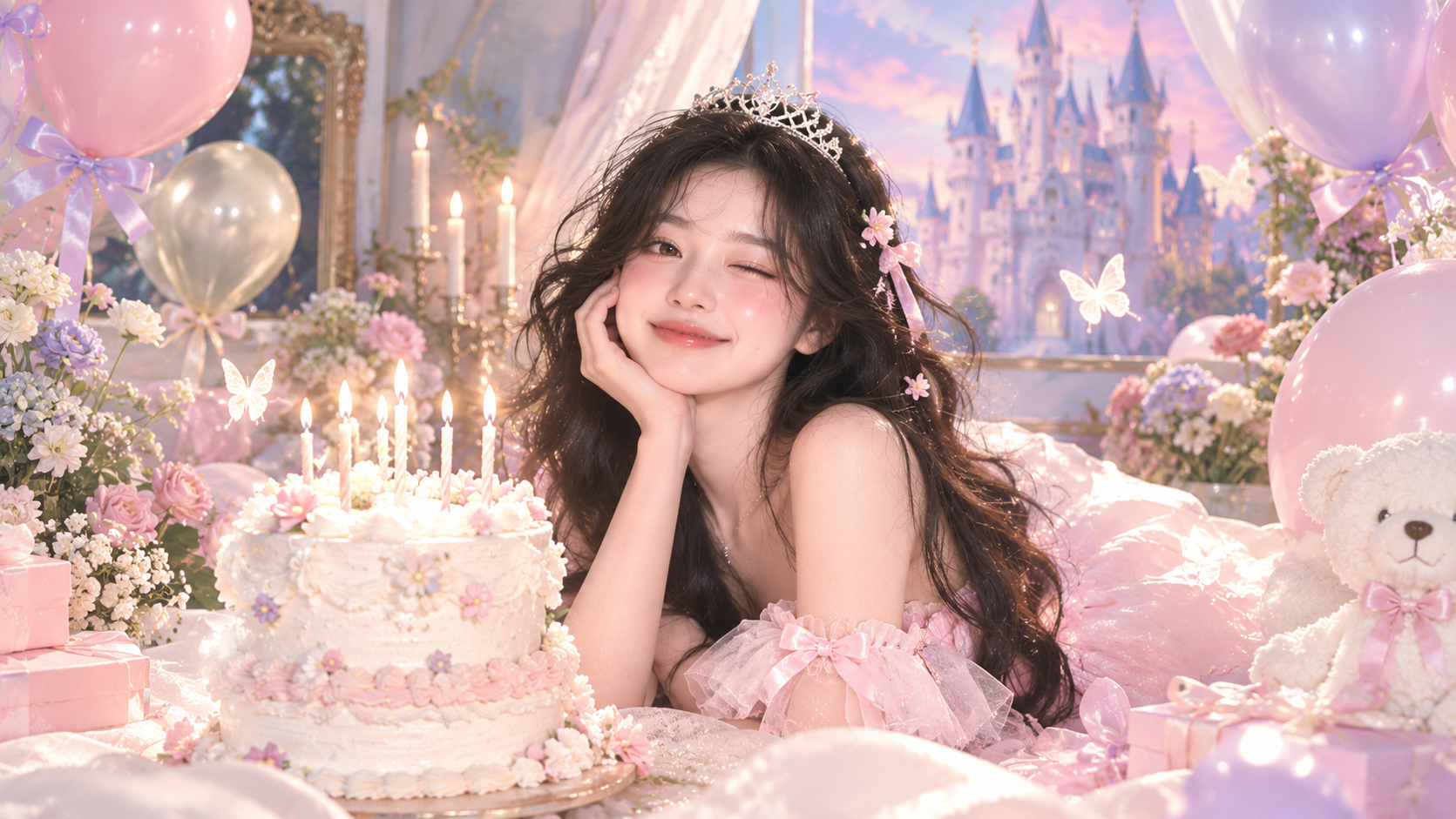 Fantasy birthday photoshoot with a princess-themed girl, birthday cake, flowers, balloons, and a dreamy castle backdrop.