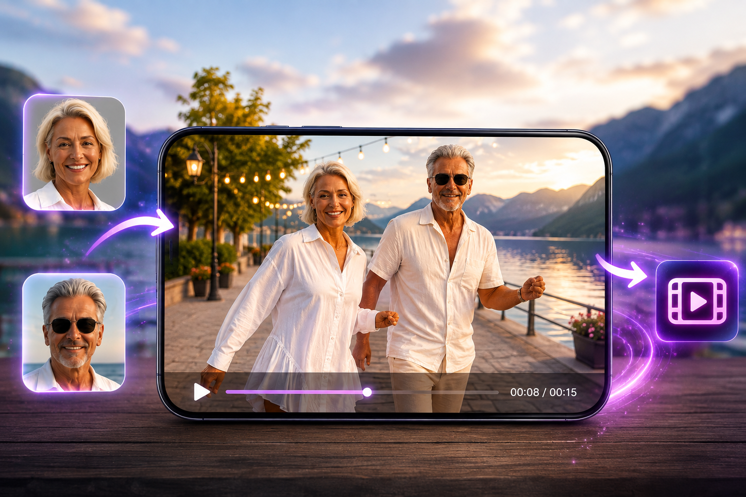 ReelMe AI video concept showing two portrait photos transformed into a lively video of a couple walking by a lakeside at sunset.